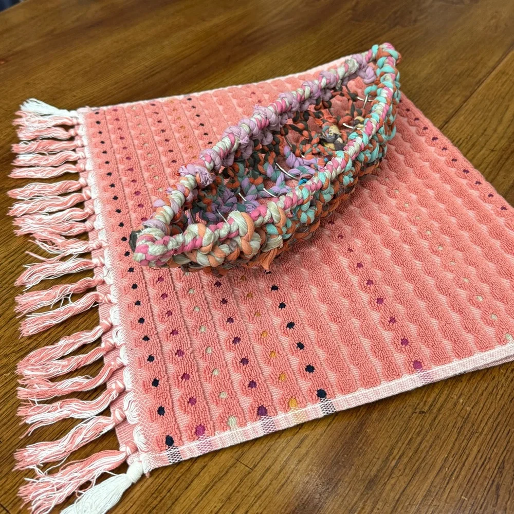 World Market Coral Cotton Towel + Boho Woven Basket Set Bath Decor Boho